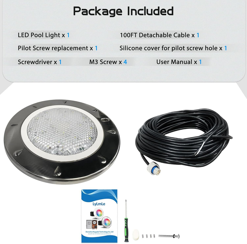 LyLmLe Pool Light for Inground Pools, 65W 10 Inch RGBW Multicolor Inground Pool Light, 316 Stainless Steel, 12V Color Changing LED Pool Lights for 10' Niches, 100ft Cord,Without Transformer Controller