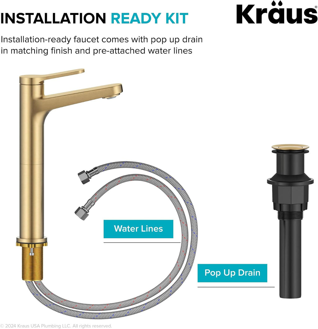 KRAUS Indy Bathroom Faucet for Vessel Sink in Spot-Free Brushed Brass with Single Handle, Pop Up Drain and Supply Lines, KVF-1410SFBB