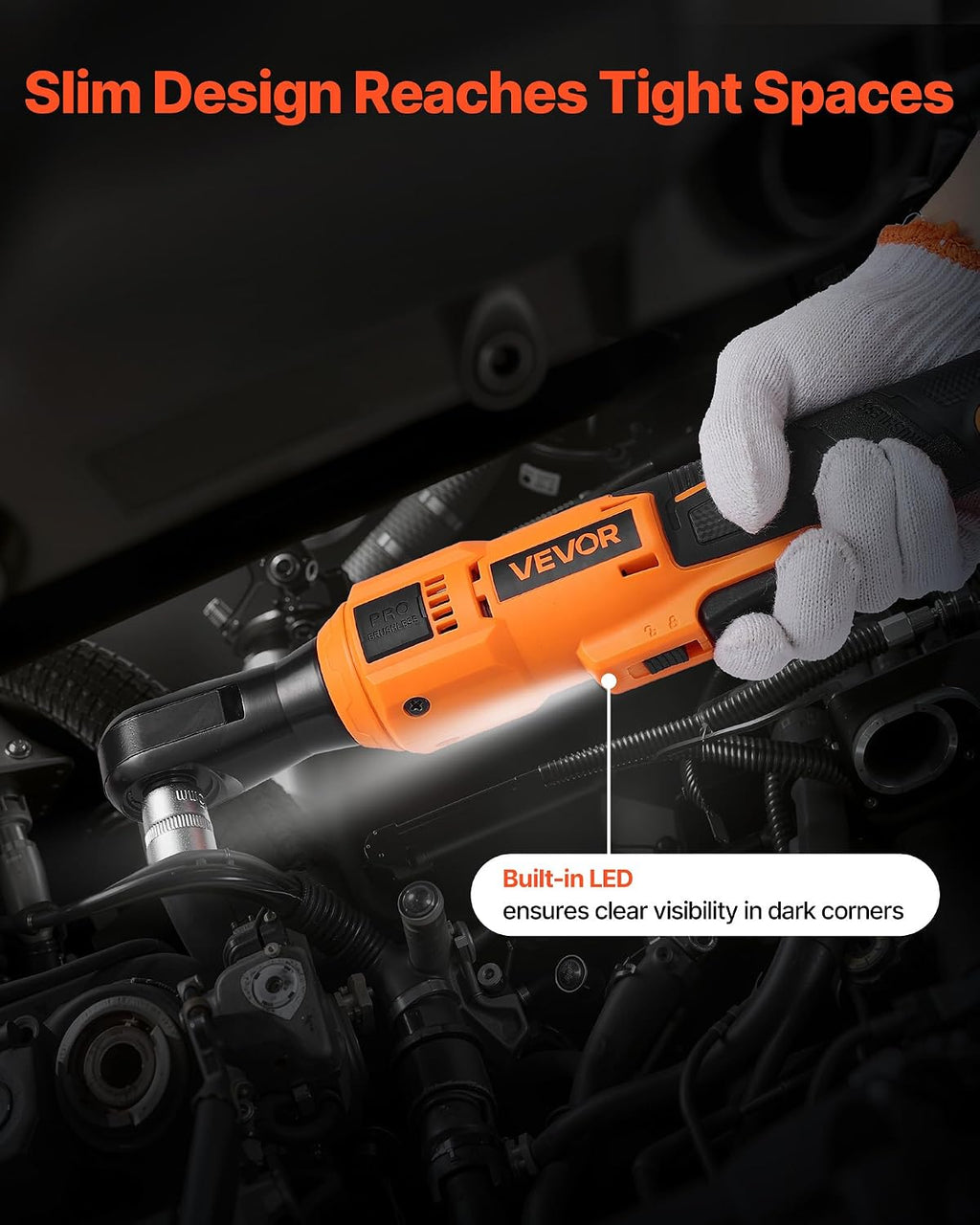 VEVOR Cordless Ratchet Wrench, 3/8 inch Drive, 230 RPM, up to 88 ft-lbs of Torque, Battery Powered Electric Ratchet Wrench Set with Two 2.0Ah Batteries, Charger, Sockets, Adaptors and Cloth Bag