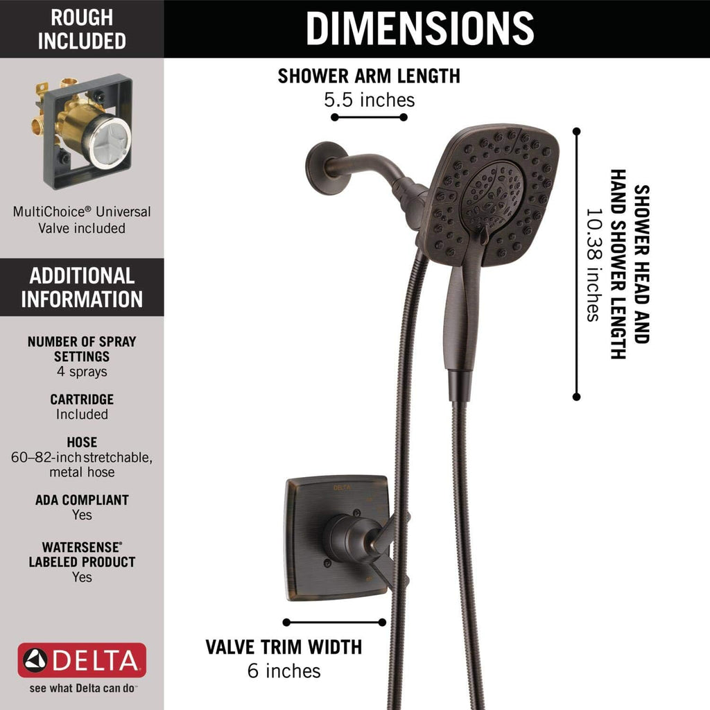 DELTA Ashlyn 17 Series Dual-Function Shower Trim Kit with 2-Spray Touch-Clean In2ition 2-in-1 Hand Held Shower Head with Hose, Venetian Bronze T17264-RB-I (Valve Included)