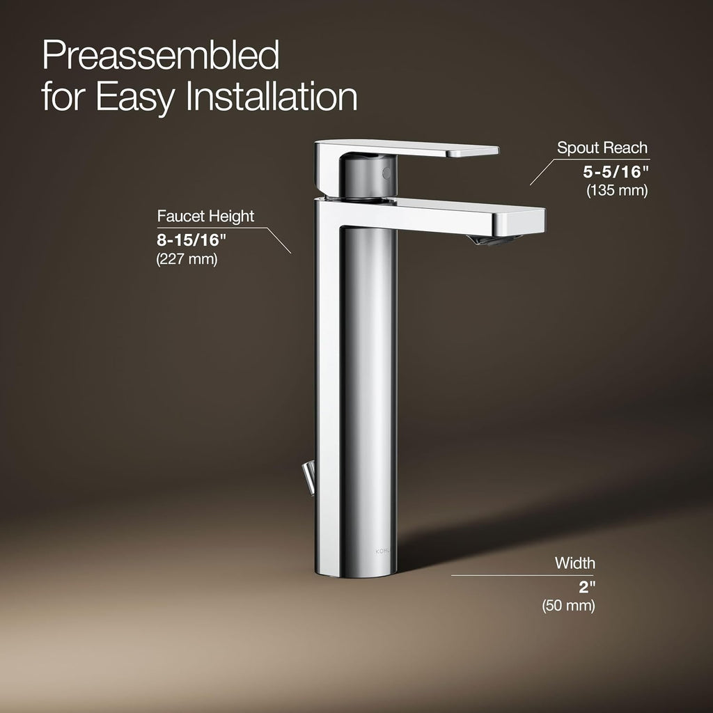 Kohler K-23475-4K-CP Parallel Tall Single Handle Bathroom Sink Faucet, 1.0 GPM, Polished Chrome