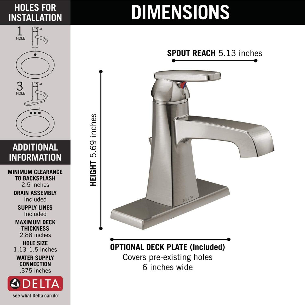 Delta Faucet Ashlyn Single Hole Bathroom Faucet Brushed Nickel, Single Handle Bathroom Faucet, Diamond Seal Technology, Metal Drain Assembly, Stainless 564-SSMPU-DST