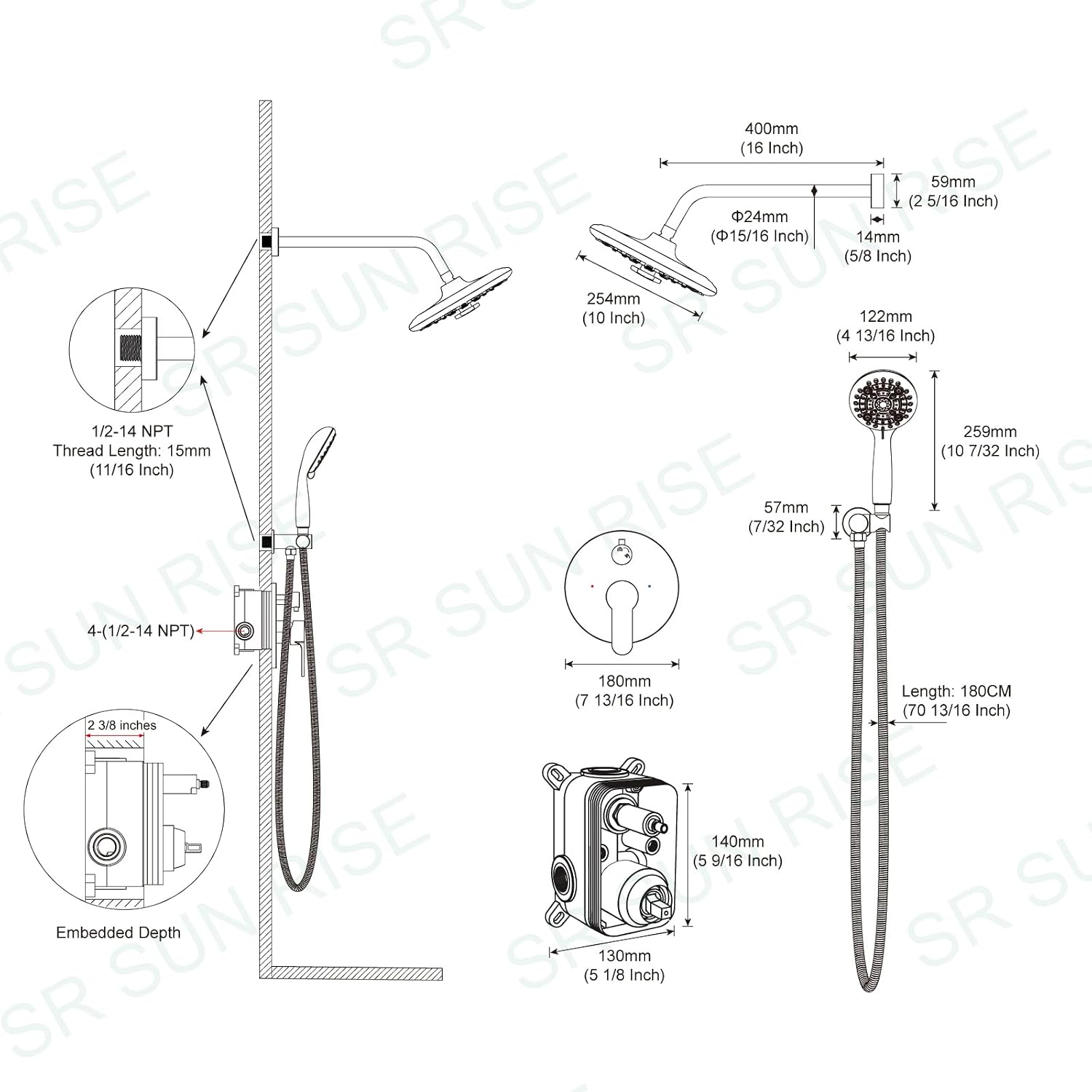 SR SUN RISE Shower Faucet - Multifunctional High Pressure Shower Head System with Handheld Shower Head Fixtures - Valve Included (Oil Rubbed Bronze, 10 inch)