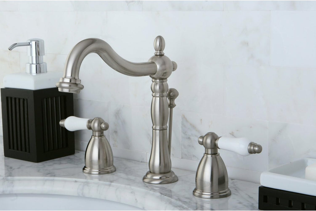 Kingston Brass KB1978PL Heritage Widespread Lavatory Faucet with Porcelain Lever Handle, Brushed Nickel