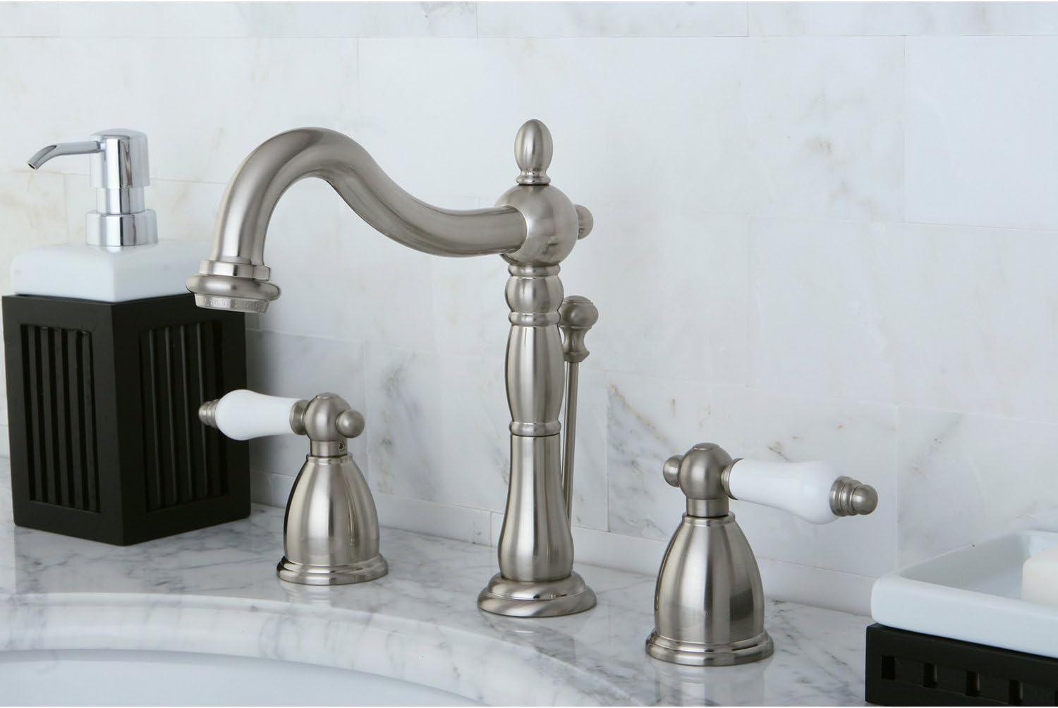 Kingston Brass KB1978PL Heritage Widespread Lavatory Faucet with Porcelain Lever Handle, Brushed Nickel