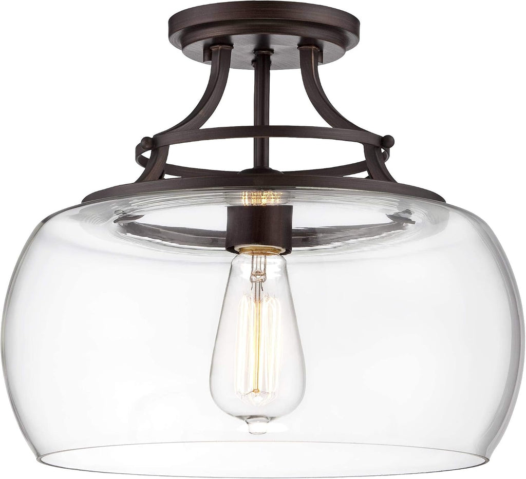 Franklin Iron Works Charleston Industrial Rustic Farmhouse Ceiling Light Semi Flush-Mount Fixture 13 1/2' Wide Bronze LED Clear Glass Shade for Bedroom Kitchen Living Room Hallway Dining Bathroom