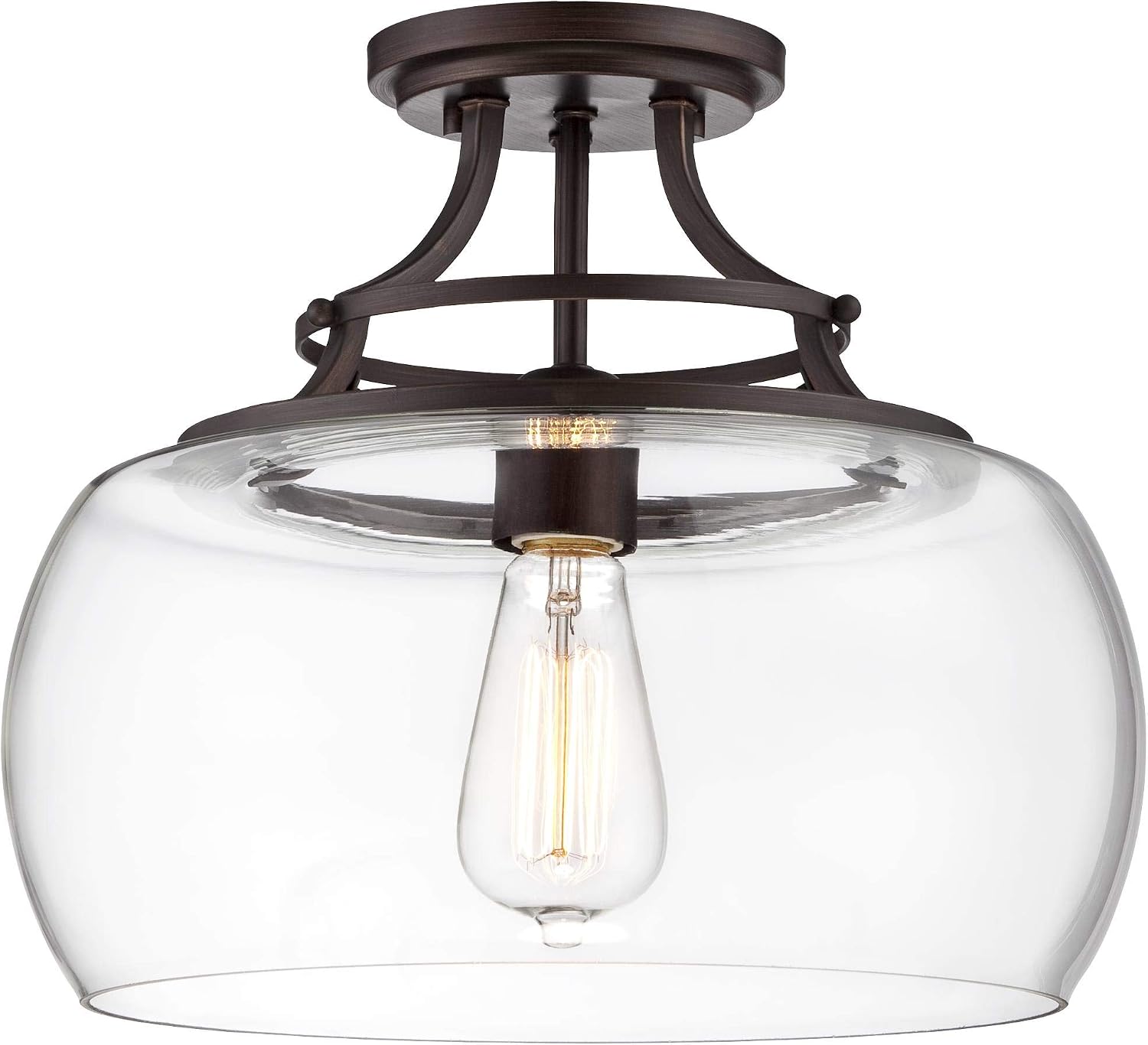 Franklin Iron Works Charleston Industrial Rustic Farmhouse Ceiling Light Semi Flush-Mount Fixture 13 1/2' Wide Bronze LED Clear Glass Shade for Bedroom Kitchen Living Room Hallway Dining Bathroom