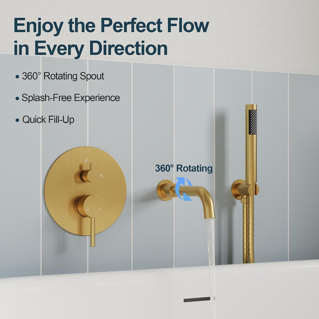 Brushed Gold Wall Mount Bathtub Faucet with Handheld Shower, High Flow Tub Filler, Solid Brass Rough-in Valve Included, Single Handle Bathroom Fixture
