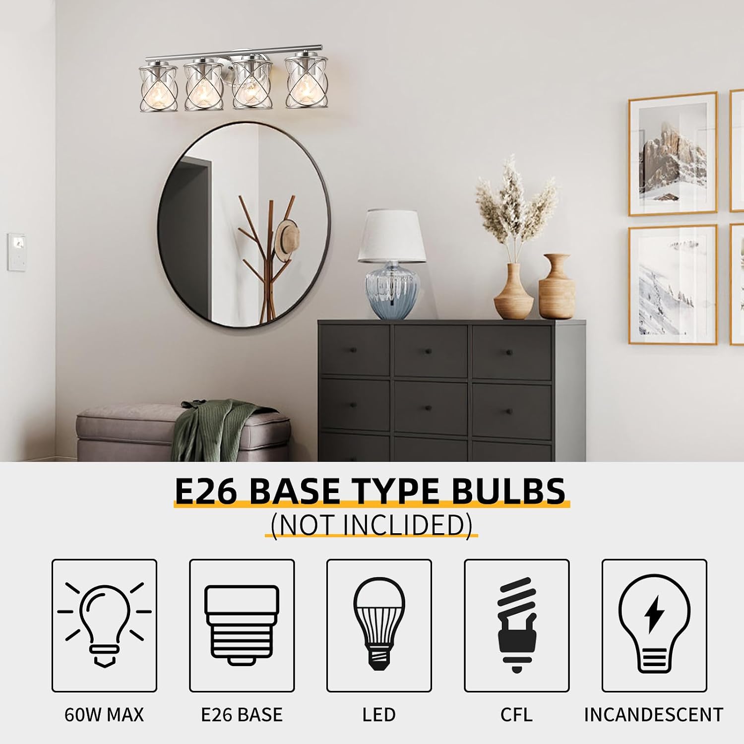 mavcadonf 4-Lights Bathroom Vanity Lights, Bathroom Light Fixtures Over Mirror, Brushed Nickel Vanity Light, Farmhouse Wall Lights with Clear Glass Shade, Bathroom Wall Lamp for Mirror Kitchen Bedroom