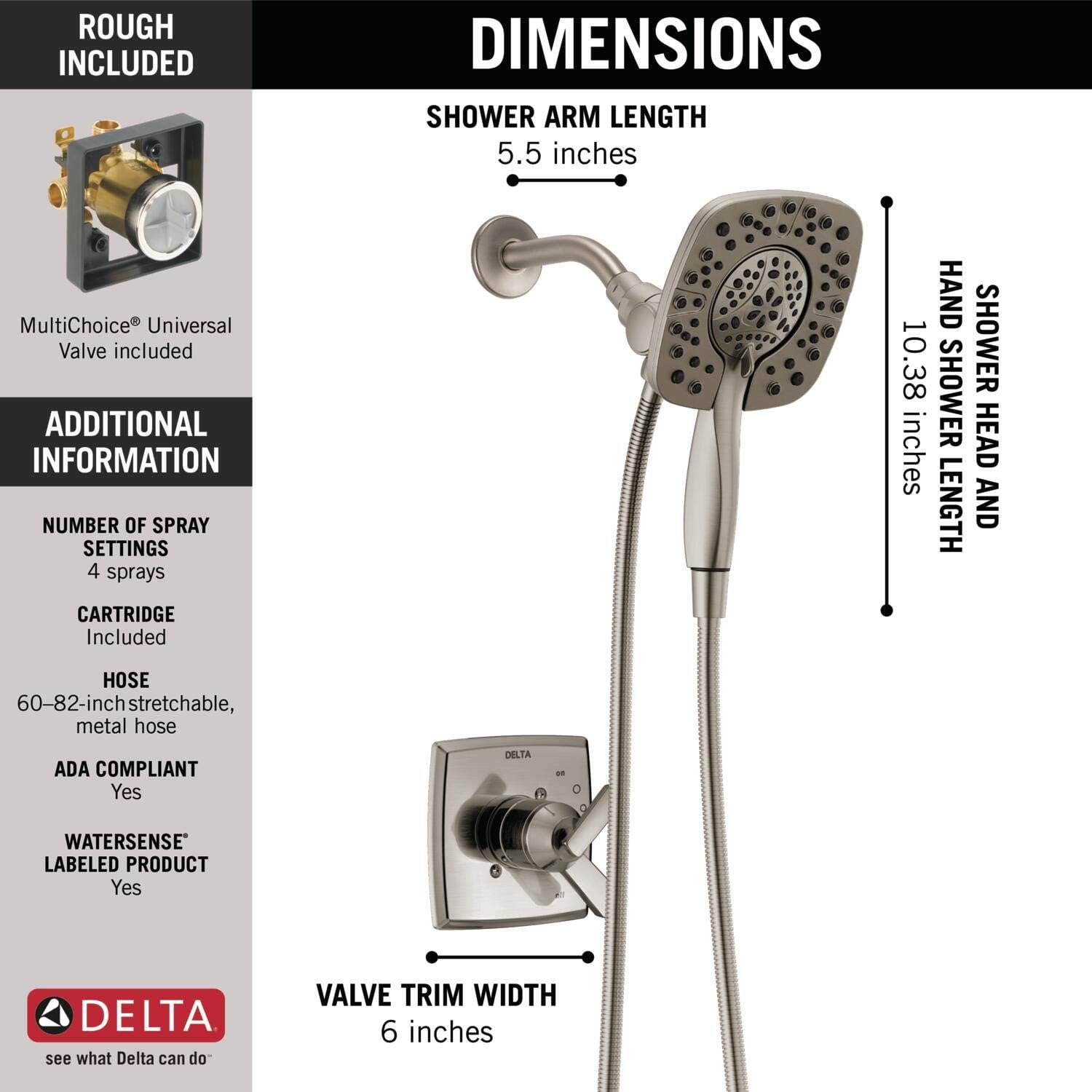 DELTA Ashlyn 17 Series Dual-Function Shower Trim Kit with 2-Spray Touch-Clean In2ition 2-in-1 Hand Held Shower Head with Hose, Stainless T17264-SS-I (Valve Included)