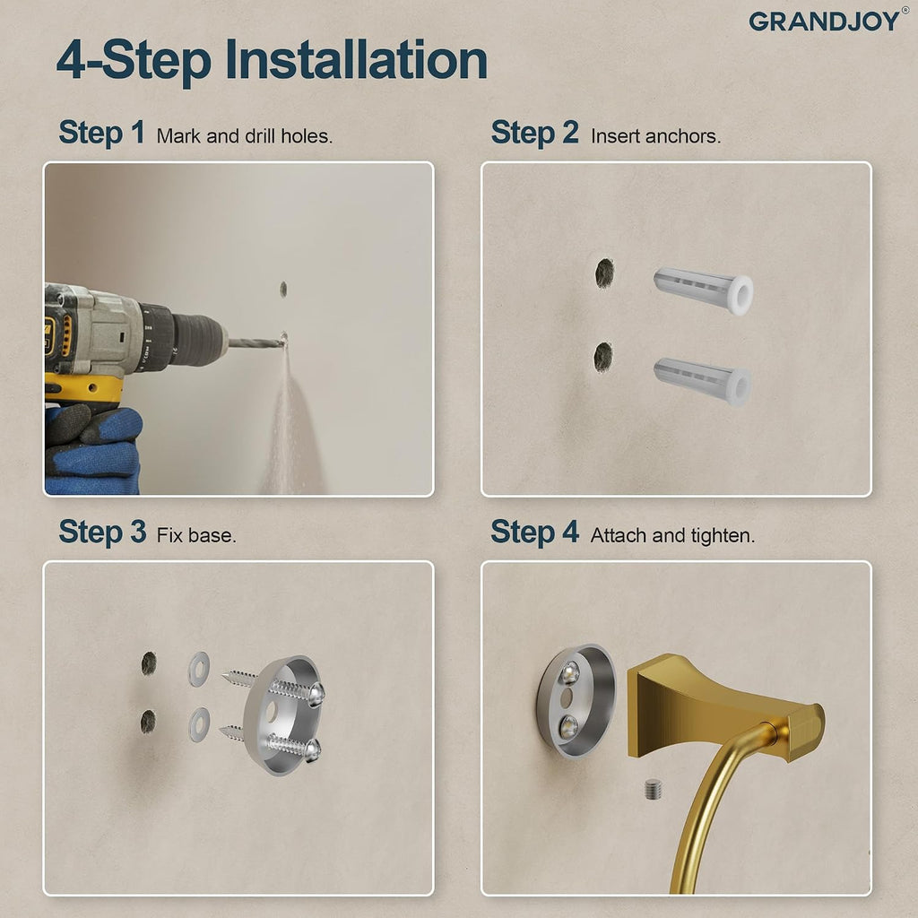 4-Piece Brushed Gold Bathroom Hardware Set, 304 Stainless Steel Rustproof Wall Mounted, 24 Inch Double Towel Rack, Towel Ring, Robe Hook, Toilet Paper Holder