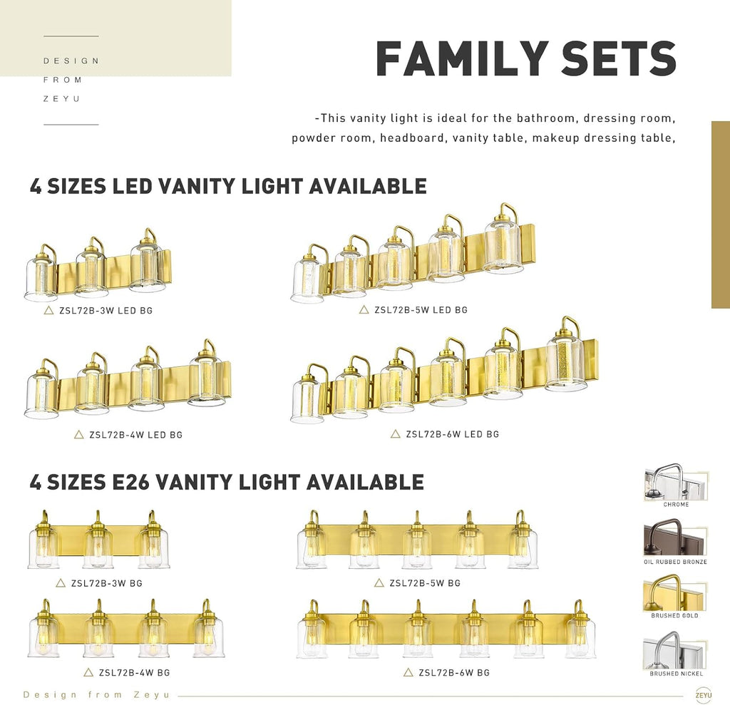 zeyu 5 Light Bathroom Wall Light, 30W Dimmable LED Vanity Lighting with 5 Color Modes, Brushed Gold Finish with Crystal Bubble and Clear Glass, ZSL72B-5W LED BG