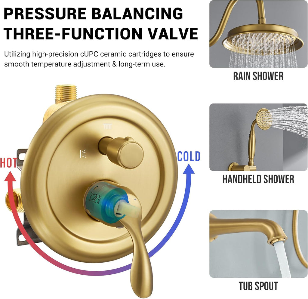 DASAN Brushed Gold Shower System with Tub Spout, Tub and Shower Faucet Combo Set with Valve & Trim Kit Bathtub Shower Faucet Set Bathtub Shower System with Rainfall Shower Head & Handheld, AT309W-BTG