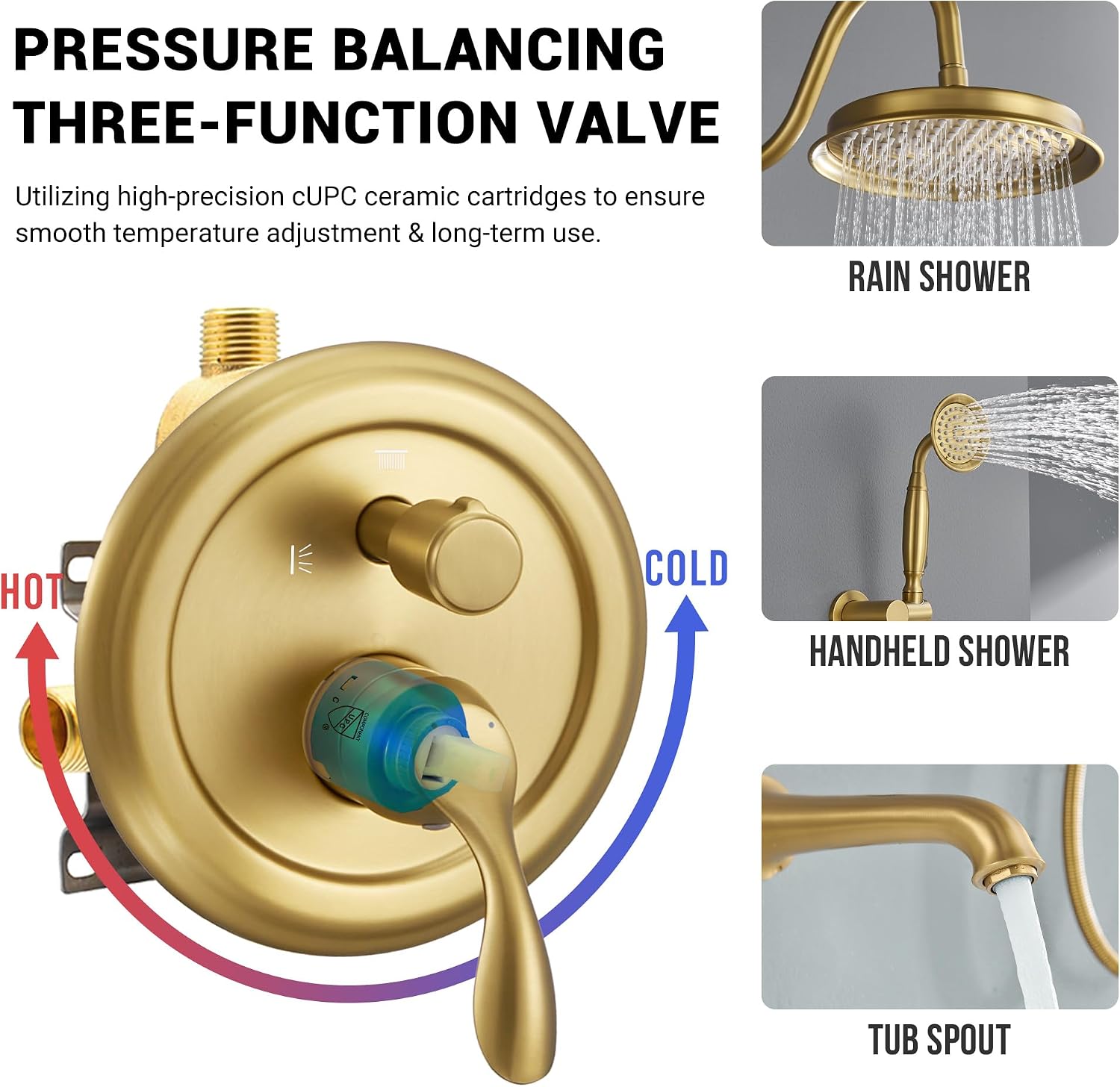 DASAN Brushed Gold Shower System with Tub Spout, Tub and Shower Faucet Combo Set with Valve & Trim Kit Bathtub Shower Faucet Set Bathtub Shower System with Rainfall Shower Head & Handheld, AT309W-BTG