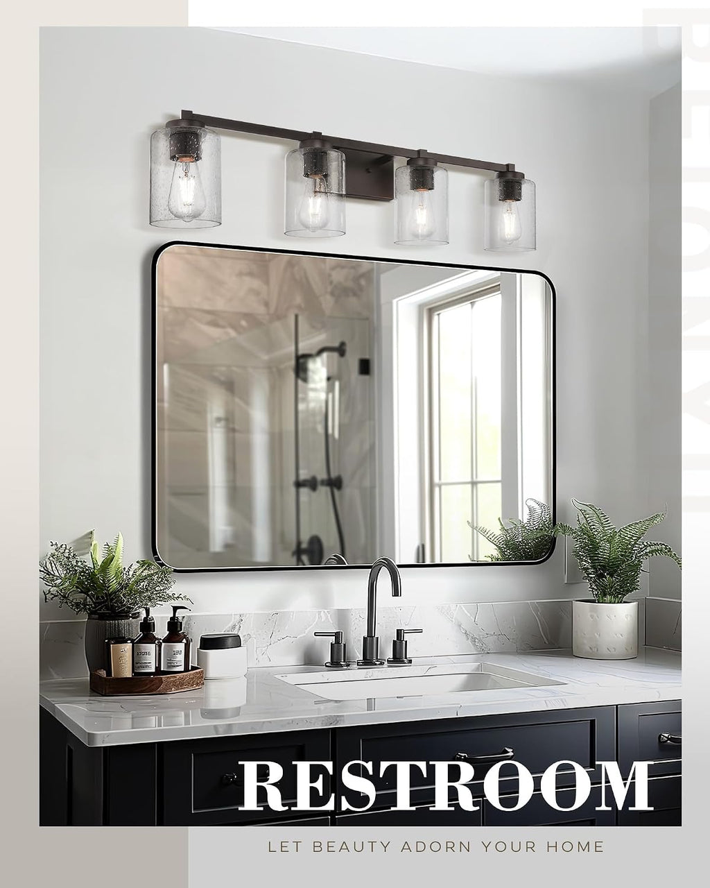 Beionxii Bathroom Vanity Lights, 4-Light Vintage Wall Sconce Light Fixtures, Oil Rubbed Bronze Finish with Clear Seeded Glass - MB9002 Series