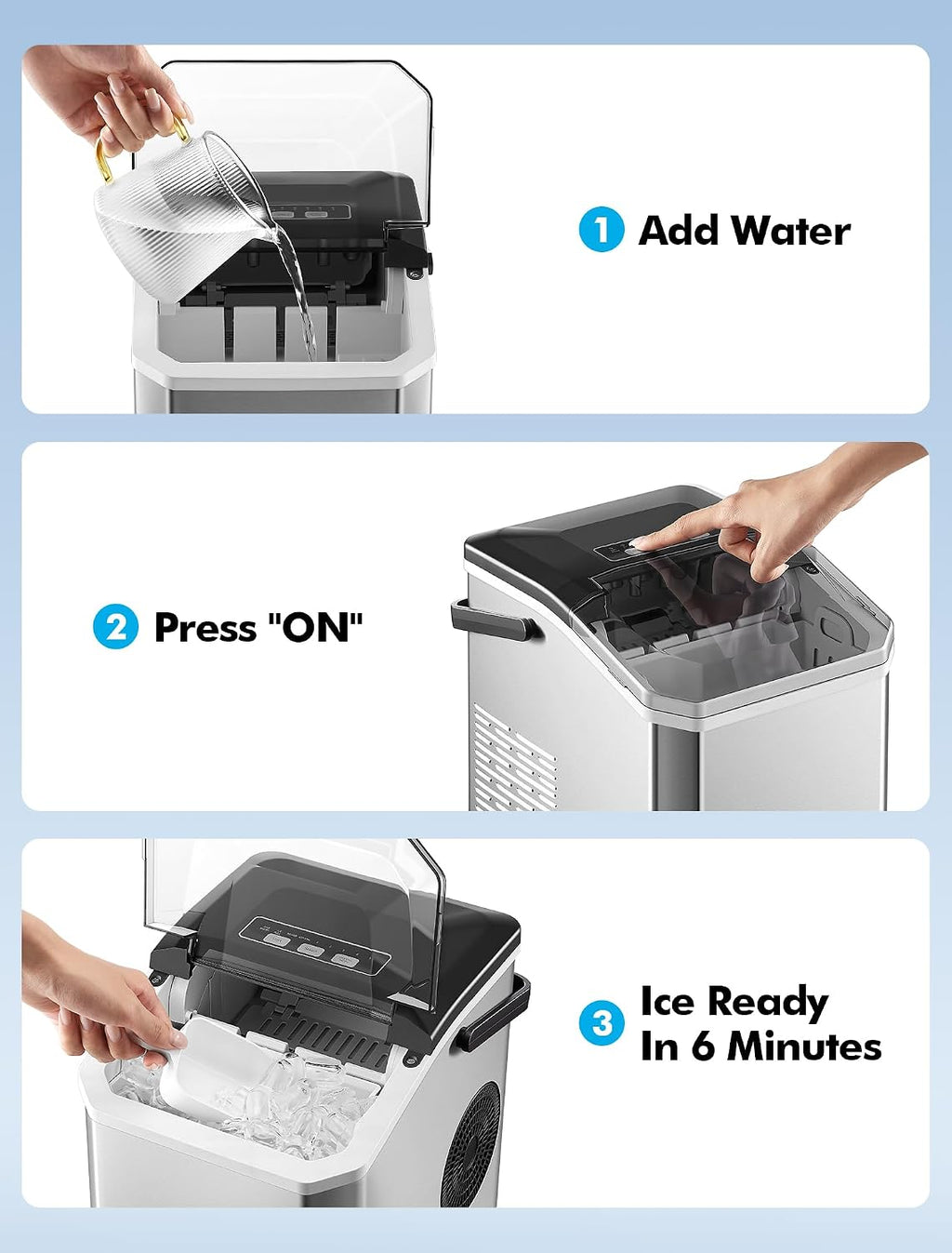 Ice Maker Countertop, Portable Ice Machine with Carry Handle, Self-Cleaning Ice Makers with Basket and Scoop, 9 Ice Cubes in 6 Mins, 26 lbs per Day, 5 Sizes of Bullet Ice for Home Party Camping RV