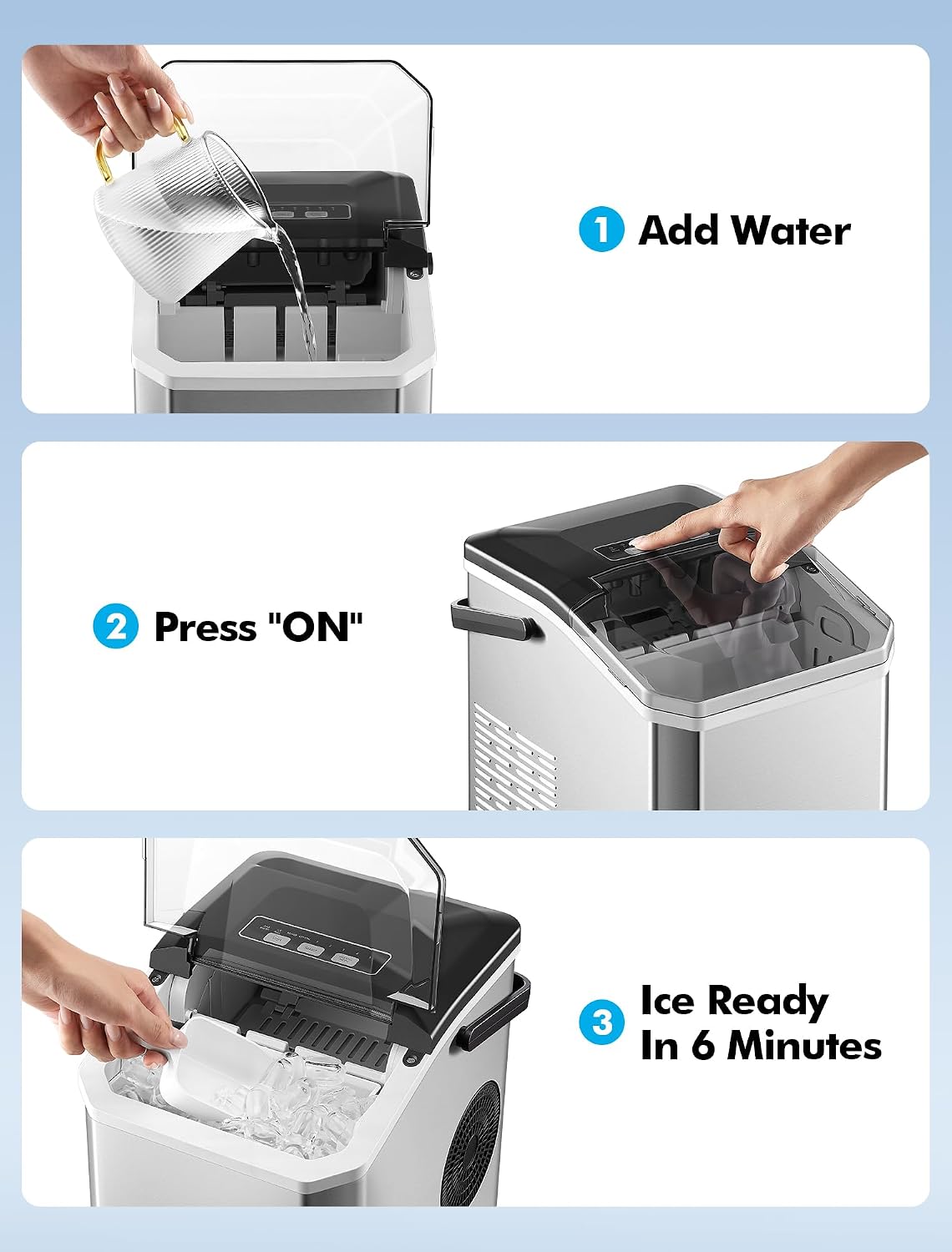 Ice Maker Countertop, Portable Ice Machine with Carry Handle, Self-Cleaning Ice Makers with Basket and Scoop, 9 Ice Cubes in 6 Mins, 26 lbs per Day, 5 Sizes of Bullet Ice for Home Party Camping RV