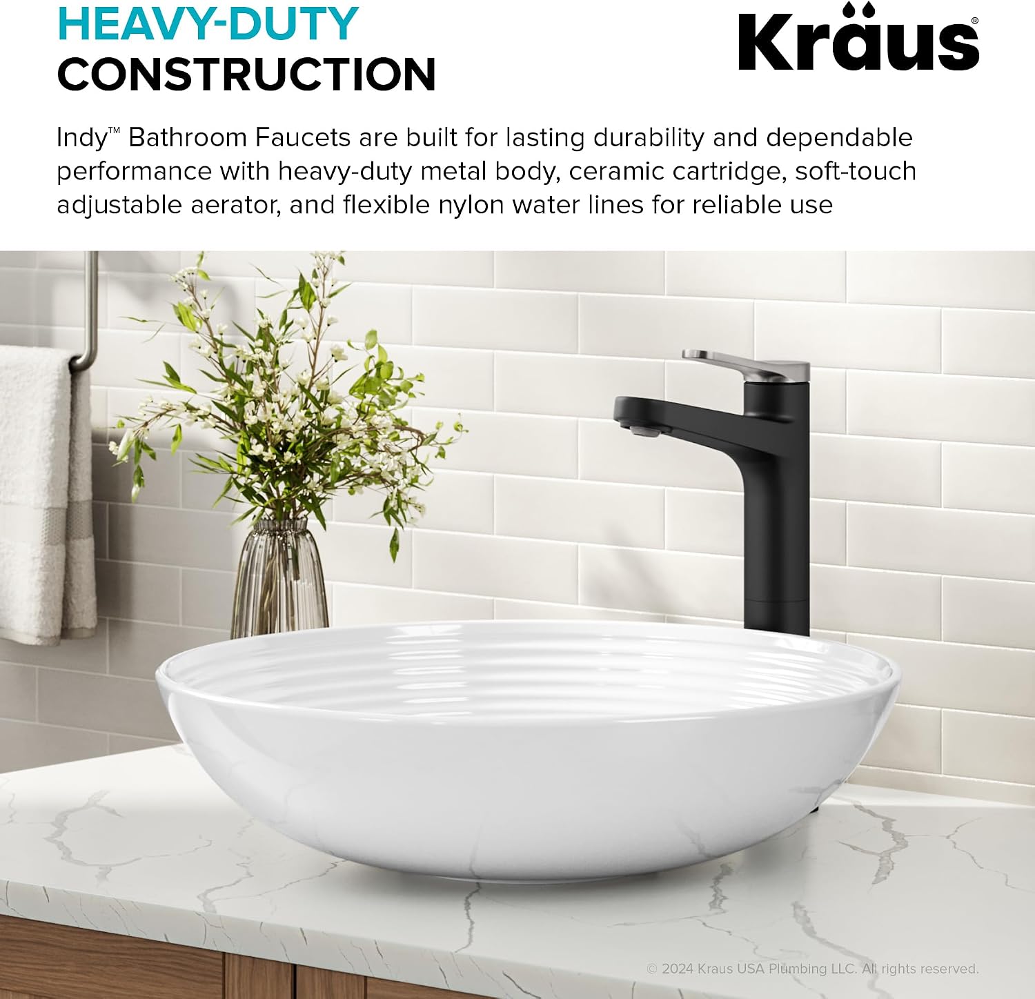 KRAUS Indy Bathroom Faucet for Vessel Sink in Spot-Free Brushed Nickel/Matte Black with Single Handle, Pop Up Drain and Supply Lines, KVF-1410SFBNMB