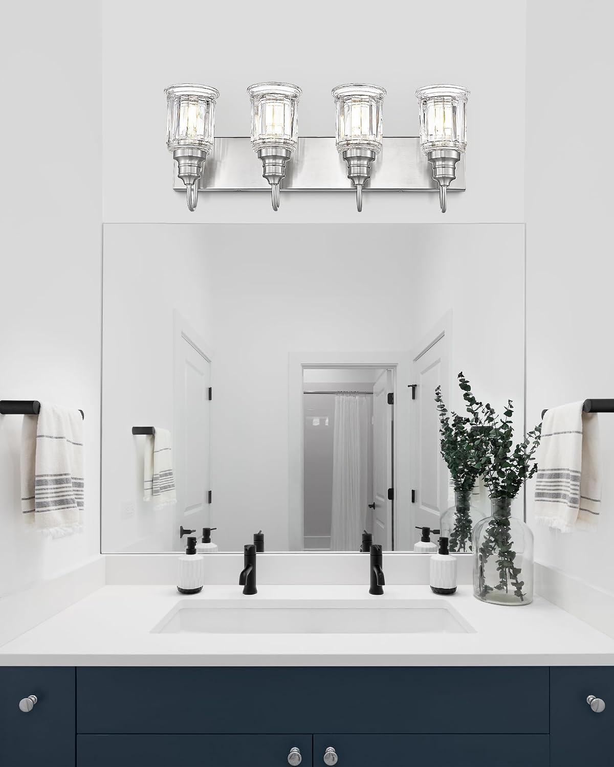 Brushed Nickel Bathroom Light, HWH 4-Light Vanity Lights for Bathroom Vanity Sconce Over Mirror, Wall Mounted Light Fixtures with Bell-Shaped Striped Glass, 5HZG106B-4W BN
