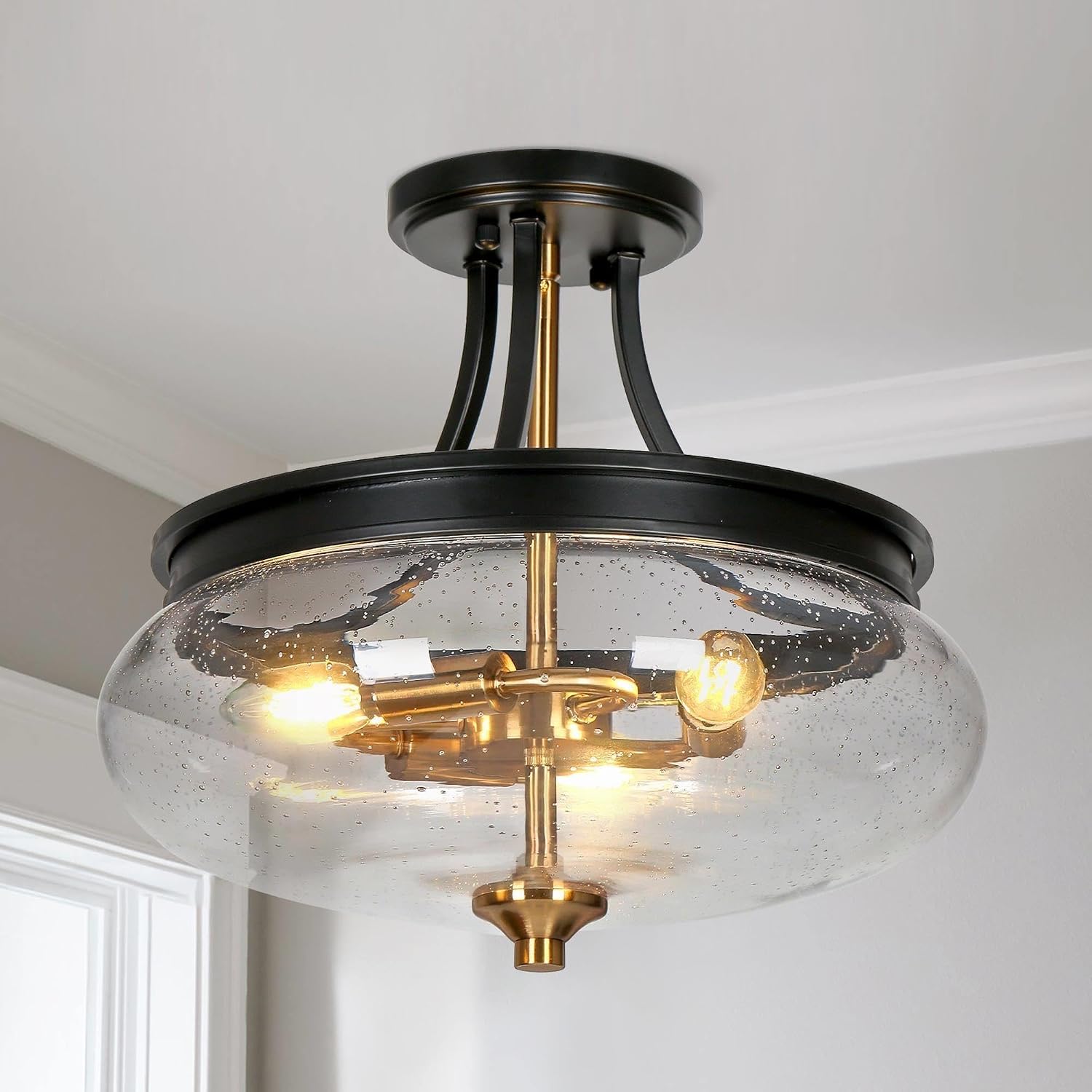 classy leaves Semi Flush Mount Ceiling Light, Black Gold Close to Ceiling Light Fixture 3 Light Modern Farmhouse Ceiling Light with Seeded Glass for Kitchen Bedroom Hallway Entryway