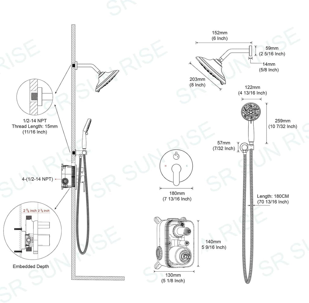 SR SUN RISE Shower Faucet - 8 Inch Multifunctional High Pressure Shower Head System with Handheld Shower Head Fixtures - Valve Included - Brushed Nickel