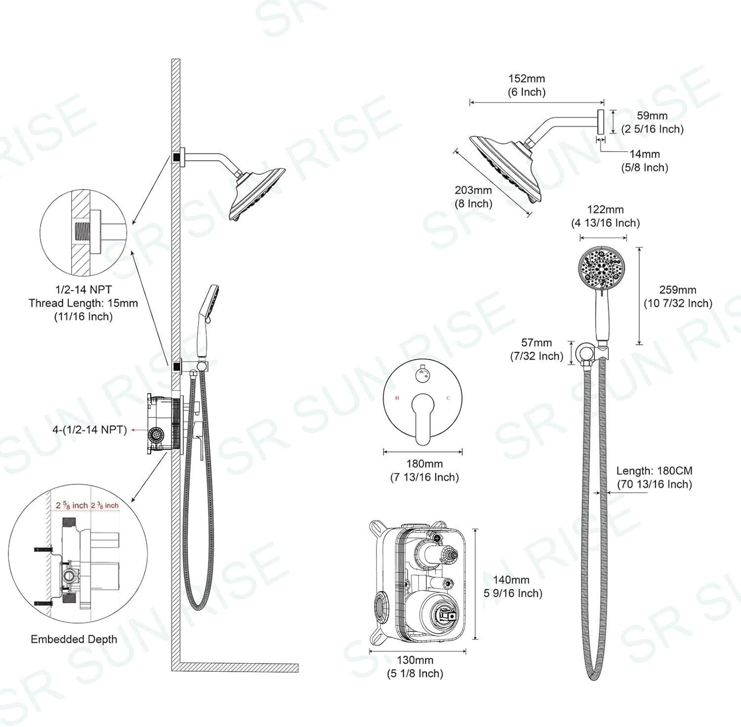 SR SUN RISE Shower Faucet - 8 Inch Multifunctional High Pressure Shower Head System with Handheld Shower Head Fixtures - Valve Included - Brushed Nickel