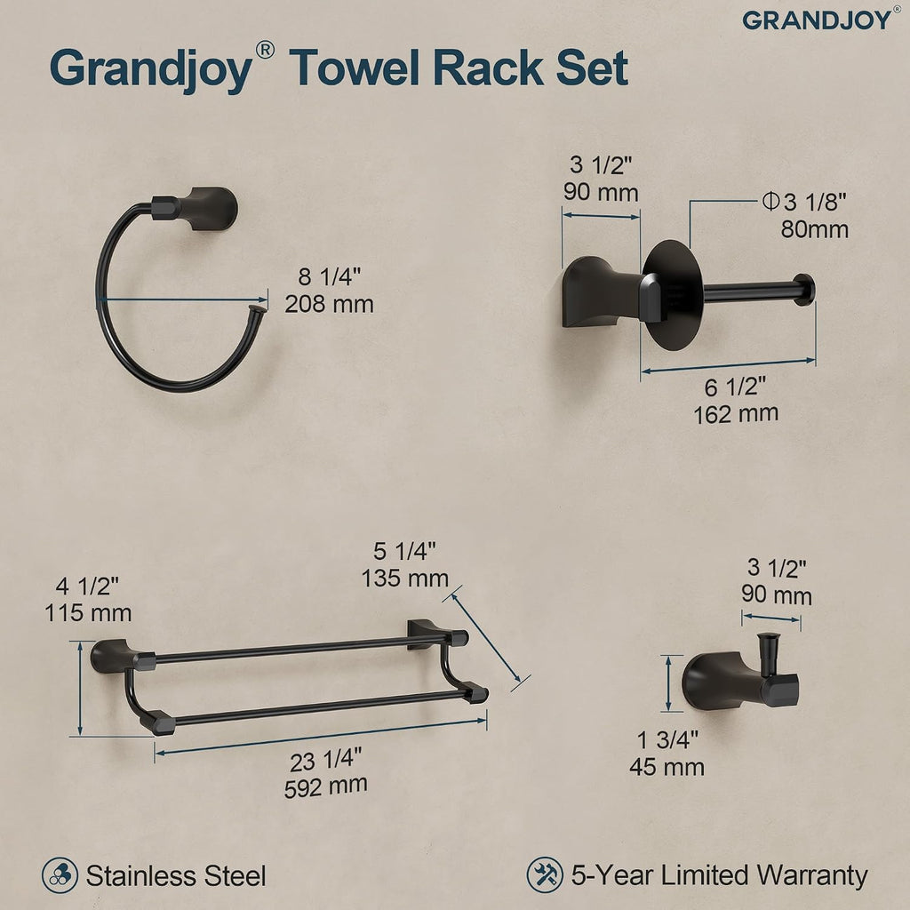 4-Piece Matte Black Bathroom Hardware Set, 304 Stainless Steel Rustproof Wall Mounted, 24 Inch Double Towel Rack, Towel Ring, Robe Hook, Toilet Paper Holder