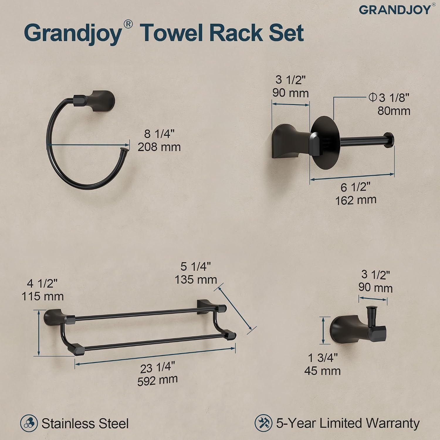 4-Piece Matte Black Bathroom Hardware Set, 304 Stainless Steel Rustproof Wall Mounted, 24 Inch Double Towel Rack, Towel Ring, Robe Hook, Toilet Paper Holder
