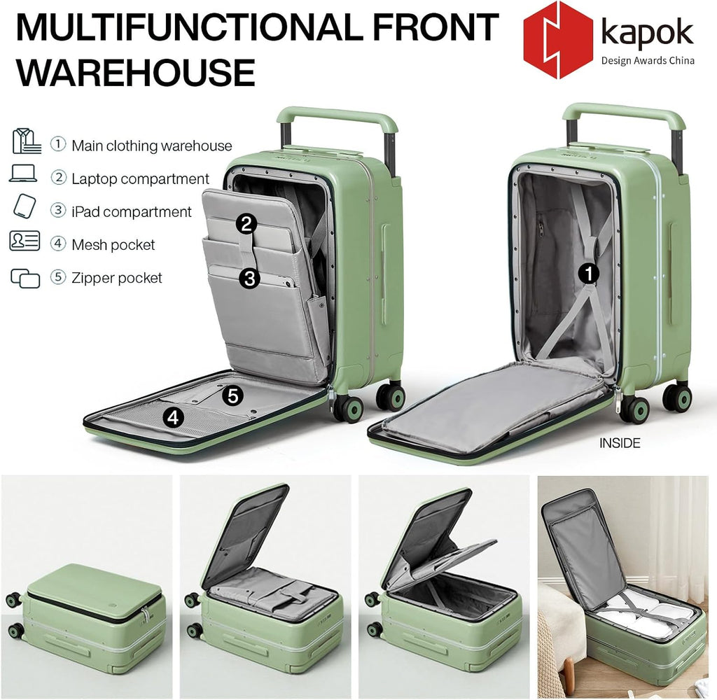 mixi Carry On Luggage Wide Handle Luxury Design Rolling Travel Suitcase PC Hardside with Aluminum Frame Hollow Spinner Wheels, with Cover, 20 inch, Avocado Green