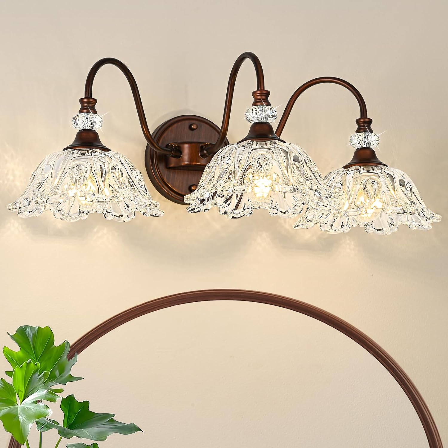 Antique Red Bronze Finish Bathroom Vanity Light, 3-Light Vintage Vanity Light with Floral Clear Glass Shades, Retro Wall Mount Lighting for Bathroom, Dressing Table