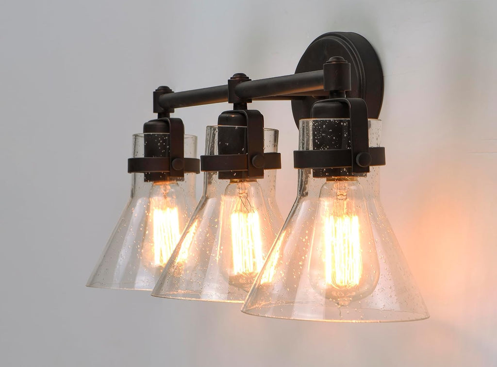 Maxim Lighting Seafarer 3-Light Bath Vanity Light | Oil Rubbed Bronze Steel Finish | Seedy Glass Shade | Industrial Indoor Light Fixture | Ideal for Bathrooms & Powder Rooms | Dimmable | 26113CDOI