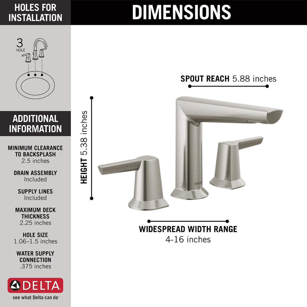 Delta Faucet Galeon Widespread Bathroom Faucet 3 Hole, Brushed Nickel Bathroom Faucet for Bathroom Sink, Bathroom Sink Faucet, Diamond Seal Technology, Lumicoat Stainless 3571-SS-PR-MPU-DST