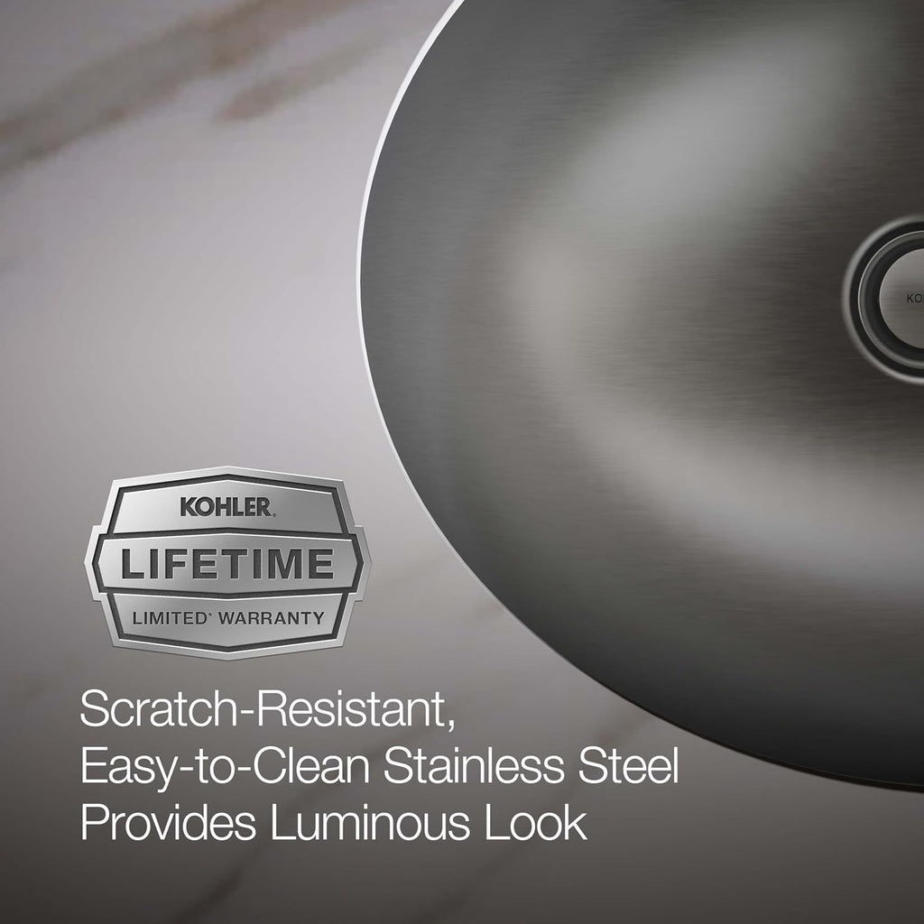 KOHLER K-2608-SU-NA Bachata Drop-In/Undermount Bathroom Sink with Luster Finish, Without Overflow, Stainless Steel