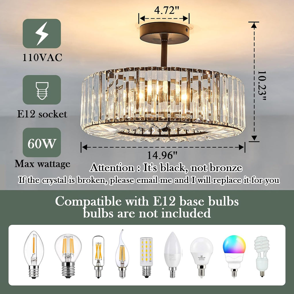 Piepooye 4 Lights Modern Crystal Chandelier Black Round Semi Flush Mount Ceiling Light Fixture Farmhouse Chandelier for Dinning Room Living Room Bedroom Hallway Entryway Kitchen