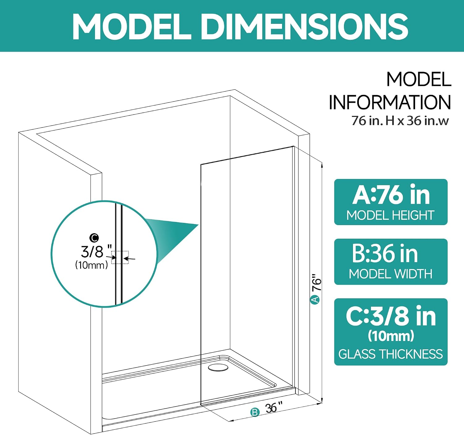 36' W x76 H Frameless Shower Glass Panel w/Full Length Mirror, 3/8',Chrome | Fixed Shower Screen; 10mm Tempered Glass; Nano Coating;Aluminum Alloy Material