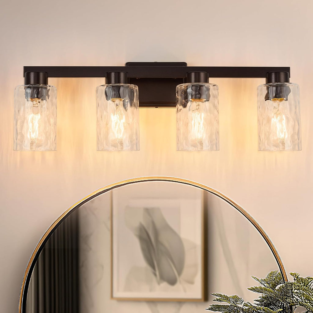 4-Light Bathroom Light Fixtures Modern Oil Rubbed Bronze Vanity Lights with Water Ripple Glass Wall Sconces Over Mirror for Bathroom, Powder Room, Living Room