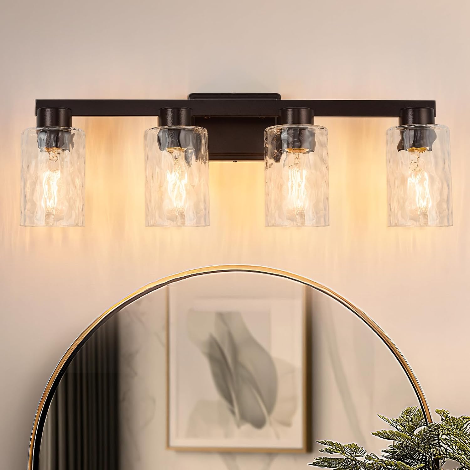 4-Light Bathroom Light Fixtures Modern Oil Rubbed Bronze Vanity Lights with Water Ripple Glass Wall Sconces Over Mirror for Bathroom, Powder Room, Living Room