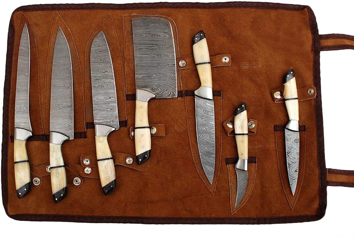 G26- Professional Kitchen Knives Custom Made Damascus Steel 7 pcs of Professional Utility Chef Kitchen Knife Set with Chopper/Cleaver White & Black