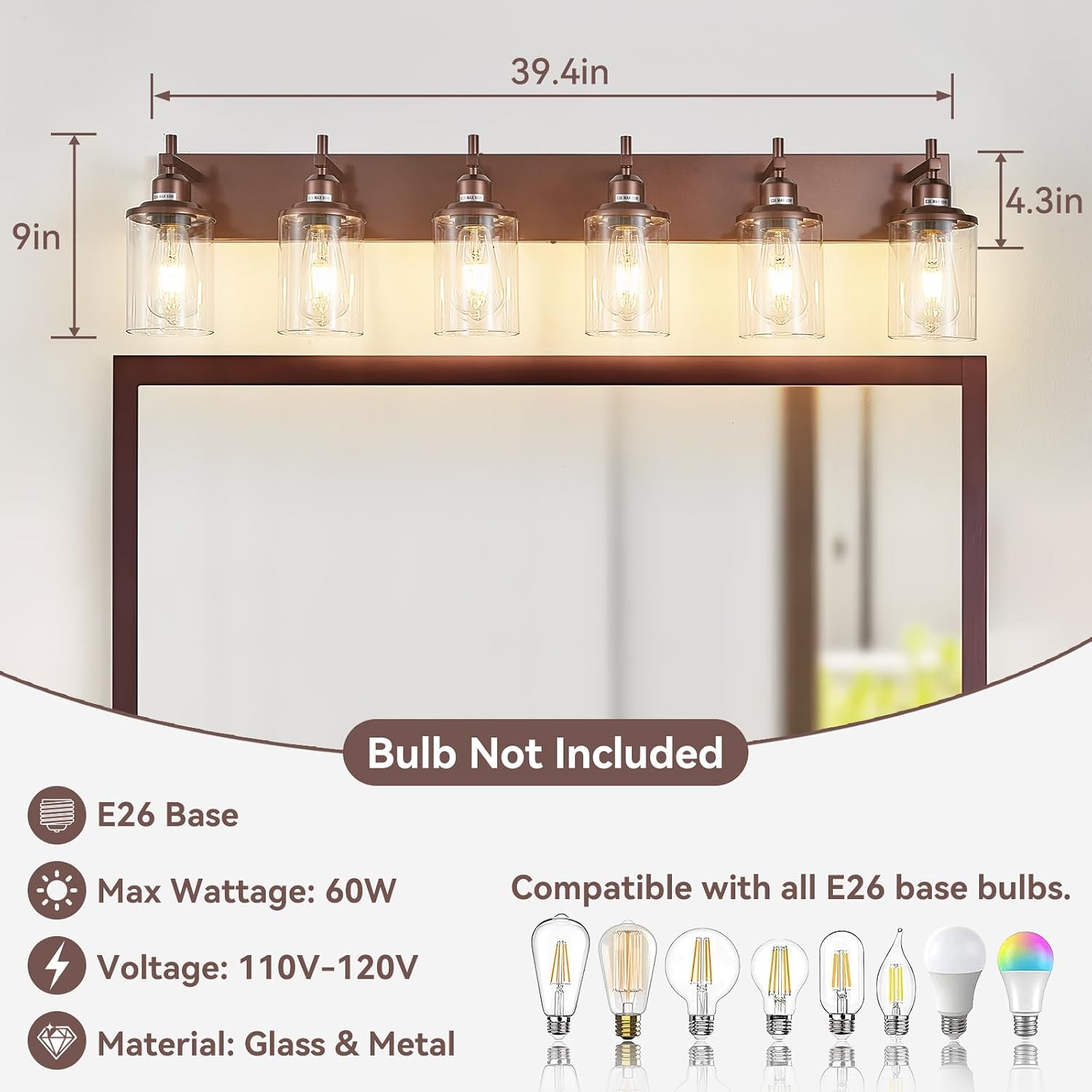 Lanhall 6-Light Bronze Bathroom Light Fixtures Over Mirror,Modern Bathroom Vanity Light with Clear Glass Shade, Wall Sconce for Bathroom Hallway Cabinet Bedroom Kitchen Living Room Foyer E26 Base