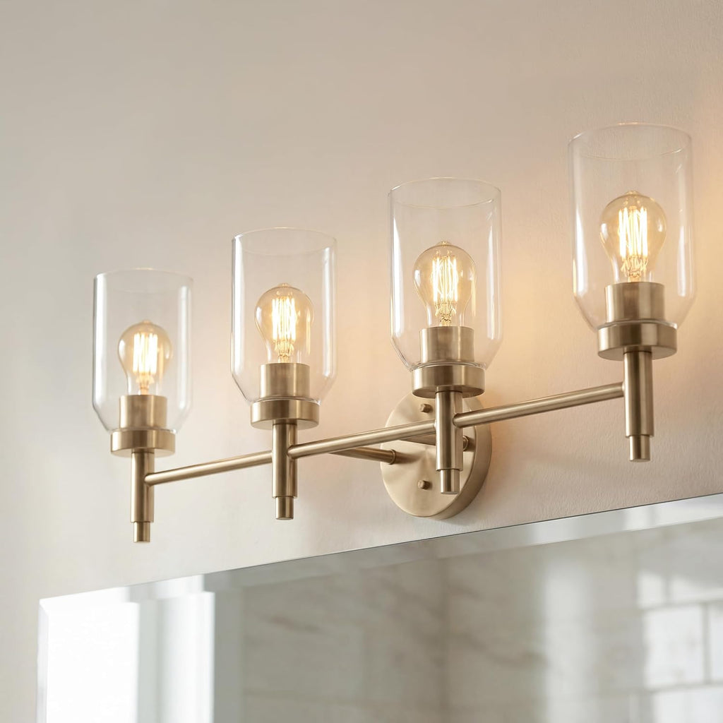 Kichler Madden 4-Light Bathroom Vanity Light Fixture with Clear Glass Shades in Champagne Bronze, Modern Wall Mount for Single or Double Vanity Over Mirror (10.5' x 34'), 55186CPZ