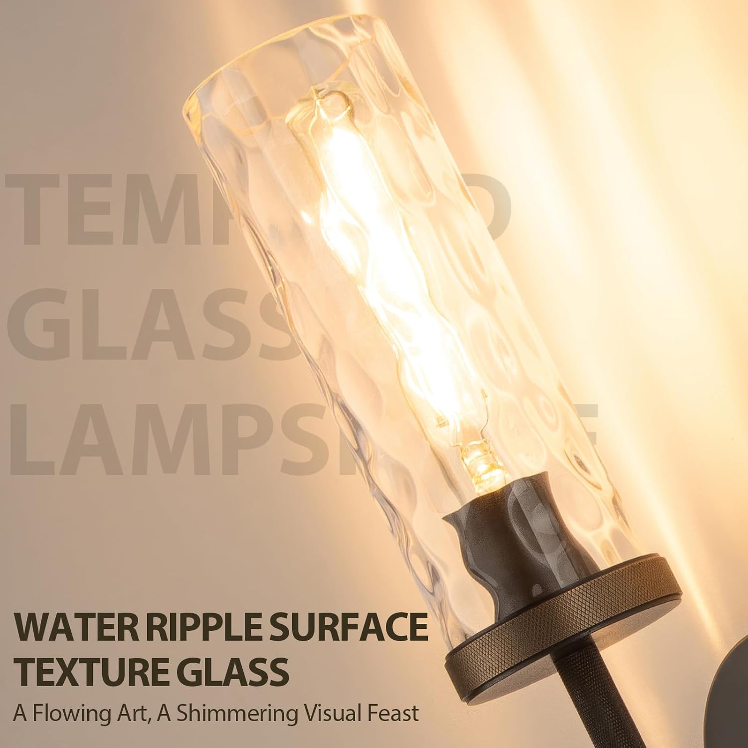 15' Knurled Brass Wall Sconce with Water Ripples Glass Tube, Black Gold Bathroom Vanity Light Fixtures, Modern Lamp Lighting for Bedroom, Living Room, Hallway, Staircase, Mirror, Kitchen