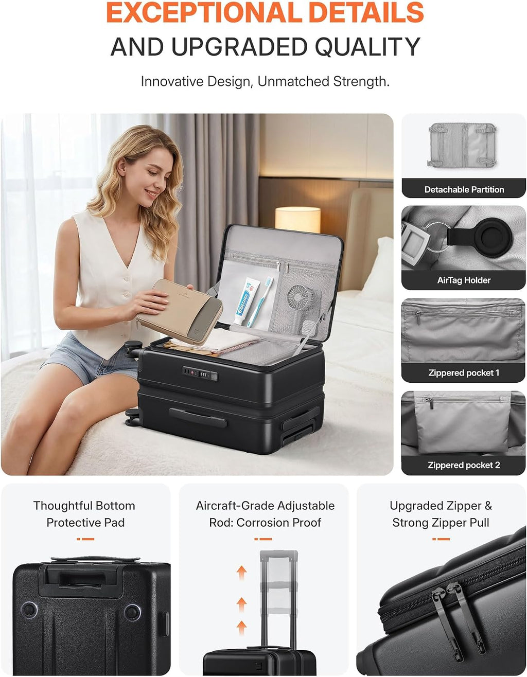 Expandable 20Inch Carry On Luggage Airline Approved - Top Opening Hardside Travel Suitcase Unbreakable -with Cup Holder,USB Charge,Side Pothook, 360°Spinner Wheels, TSA Lock-Black