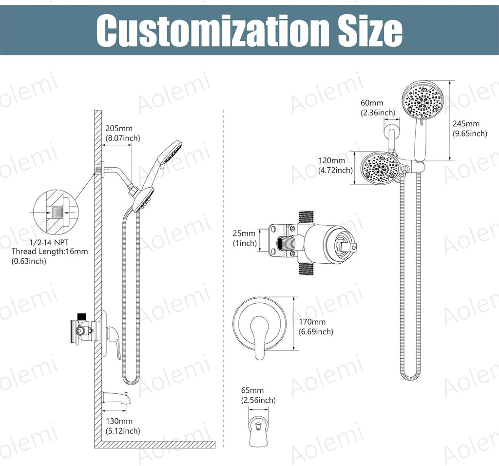 Aolemi Shower Faucet Set with Tub Spout Rain Shower Head System Shower Trim Kit Pressure Rough-in Valve Included ABS 8 Setting Dual Shower Head and Handheld Spray Matte Black