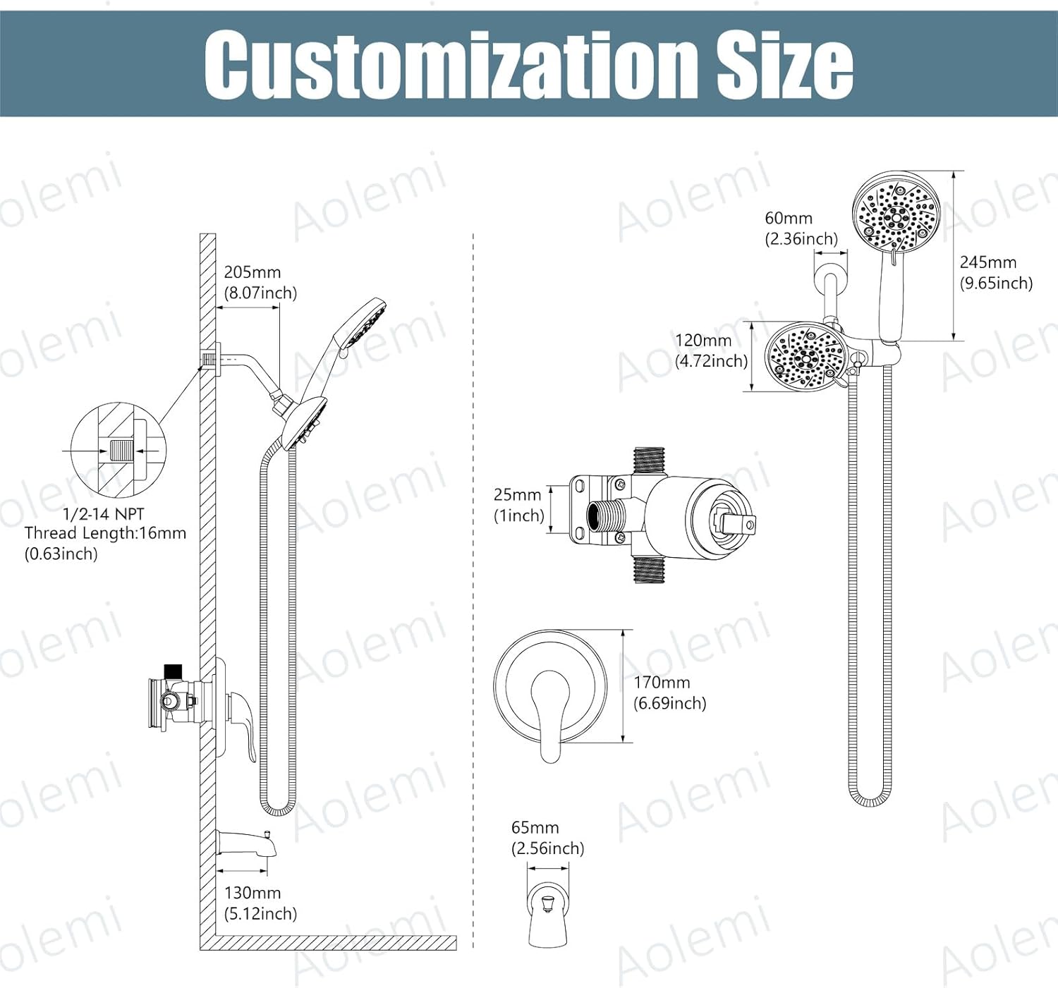 Aolemi Shower Faucet Set with Tub Spout Rain Shower Head System Shower Trim Kit Pressure Rough-in Valve Included ABS 8 Setting Dual Shower Head and Handheld Spray Matte Black