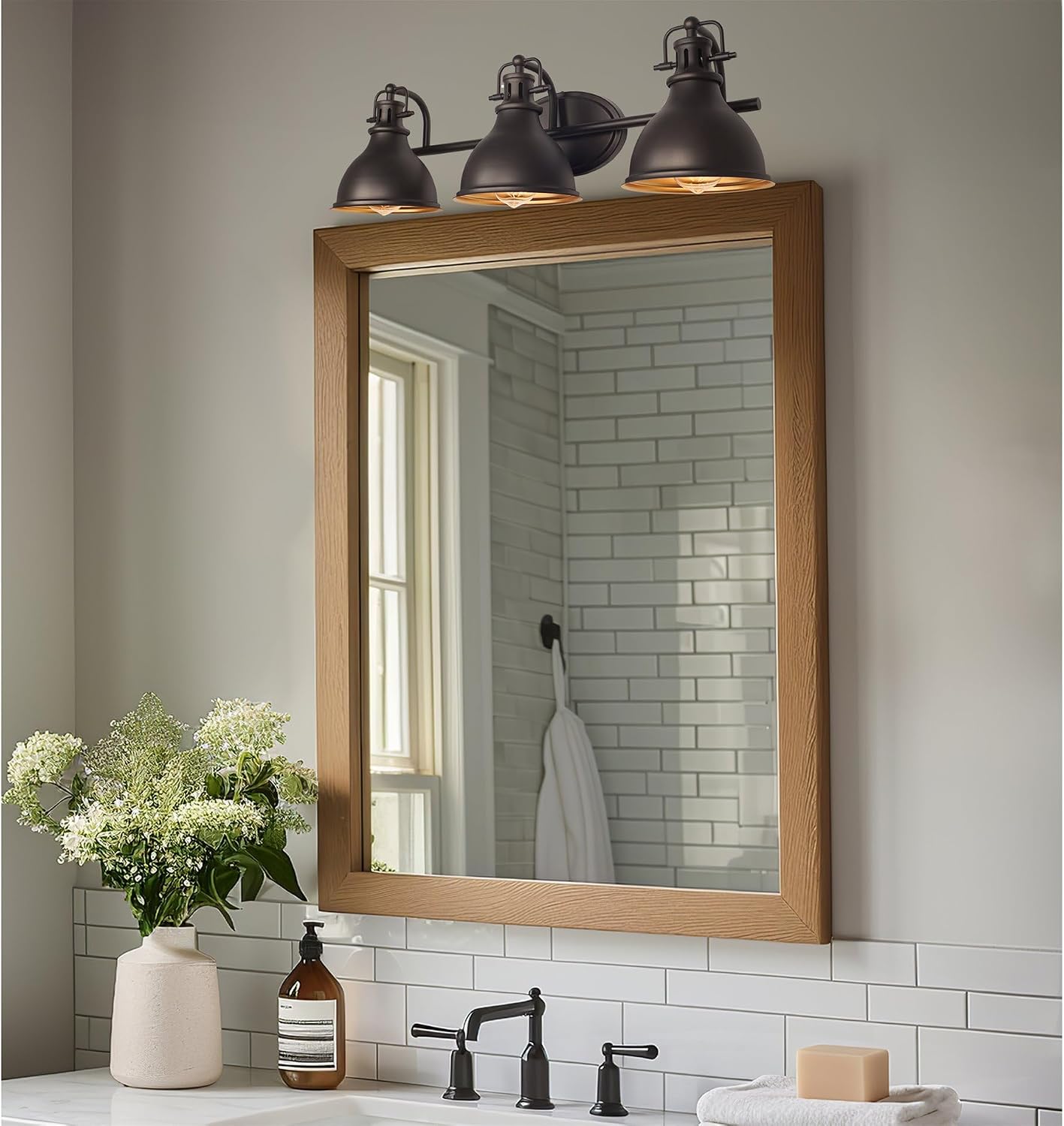 Kira Home Beacon 27' 3-Light Industrial Bathroom Vanity Light with Brass Interior Shades, Modern Farmhouse Wall Sconce, Oil Rubbed Bronze Finish