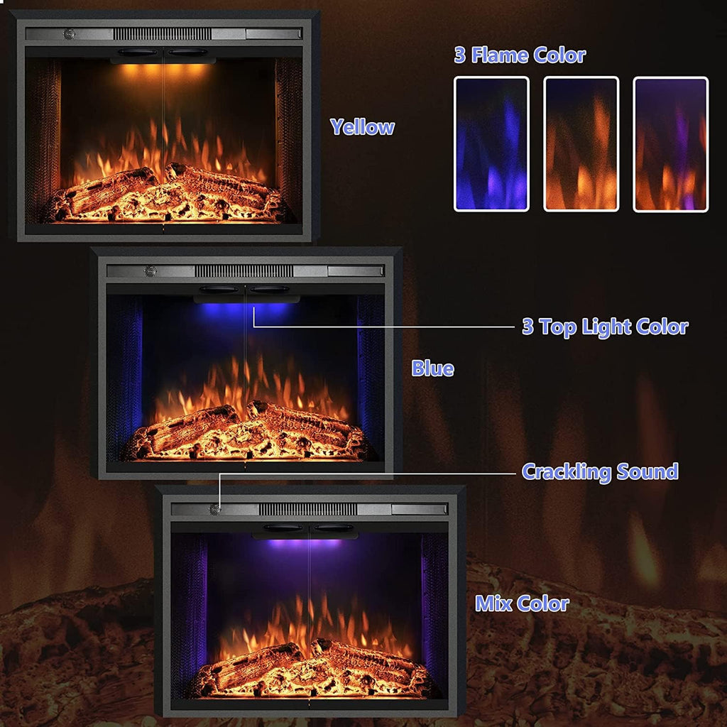 25.4 Inches Electric Fireplace Insert, 750W/1500W Fireplace Heater with Adjustable Flame and Top Light Colors, Fire Crackling Sound, Remote Control, Timer, Glass Door & Mesh Screen, Black