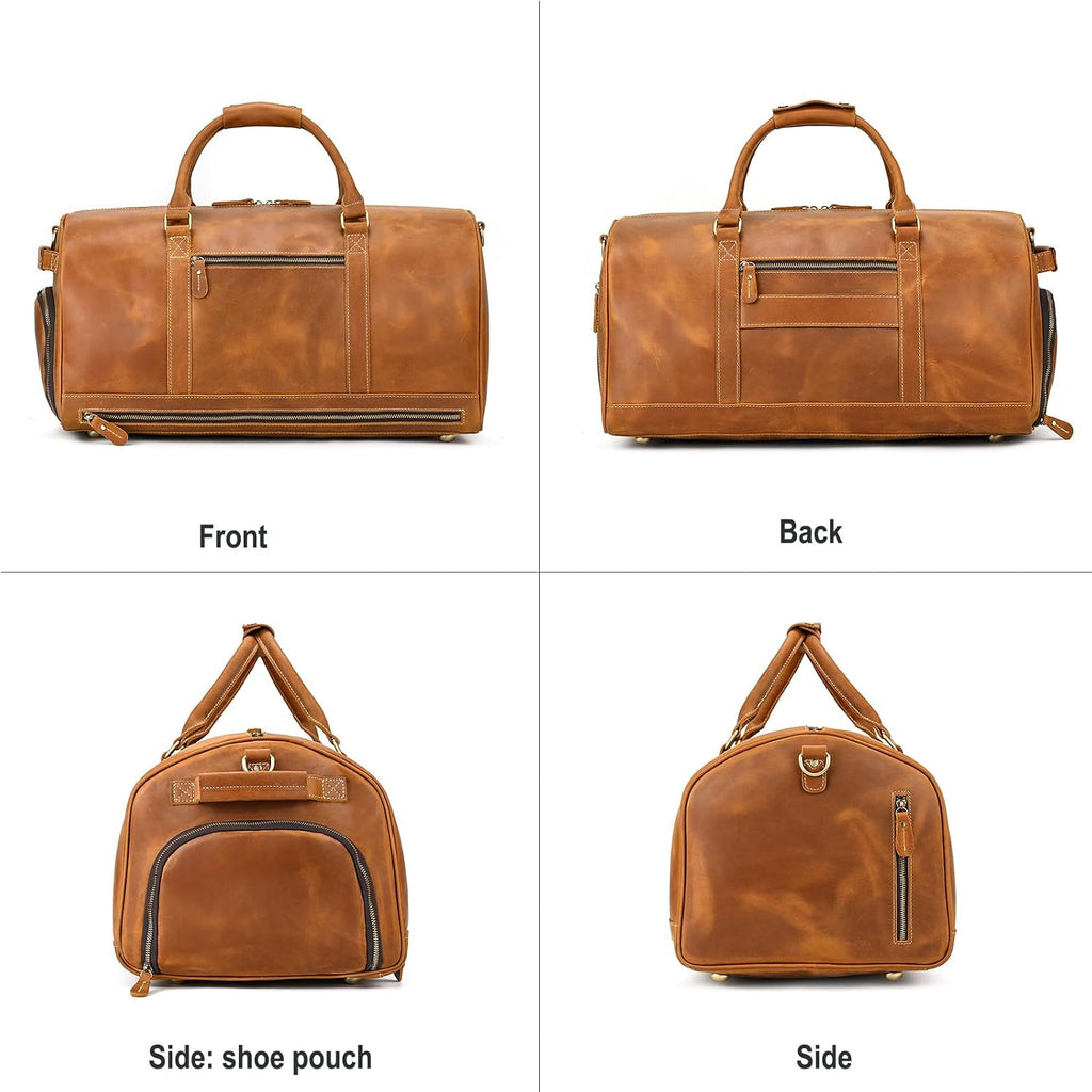 LUUFAN Full-grain Leather Travel Bag Large Capacity Duffel Luggage Bag with Shoe Compartment, Men Weekend Overnight Bag for Business Holiday Trip, Light Brown
