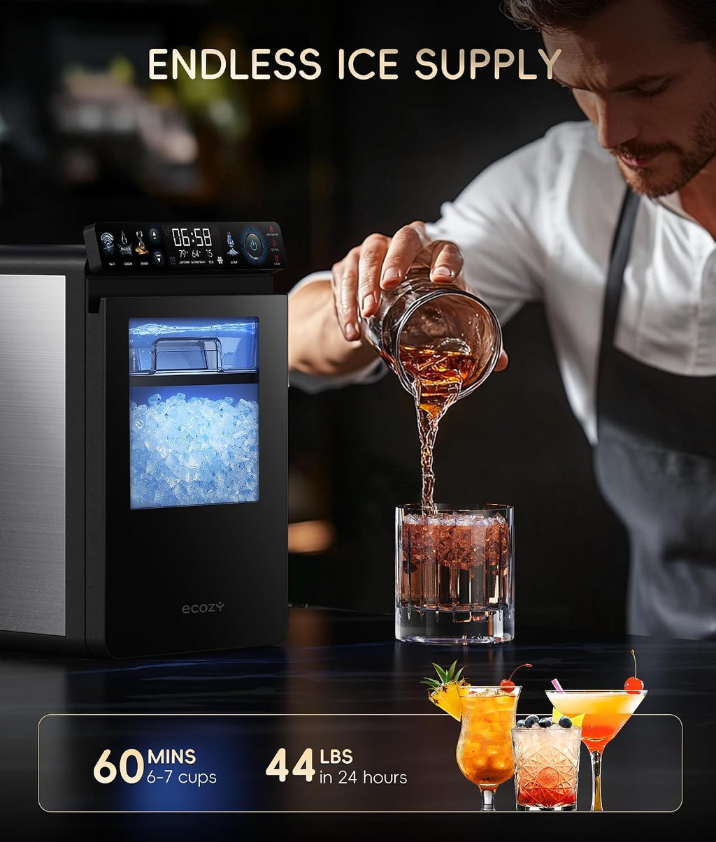 ecozy Nugget Ice Maker Countertop, First Full-Color Smart Panel 44 lbs/24H Ice Machine with APP & Voice Control, Double-Layer Insulation, Pull-Out Water Tank, Soft Pebble Chewable Ice, Self-Cleaning