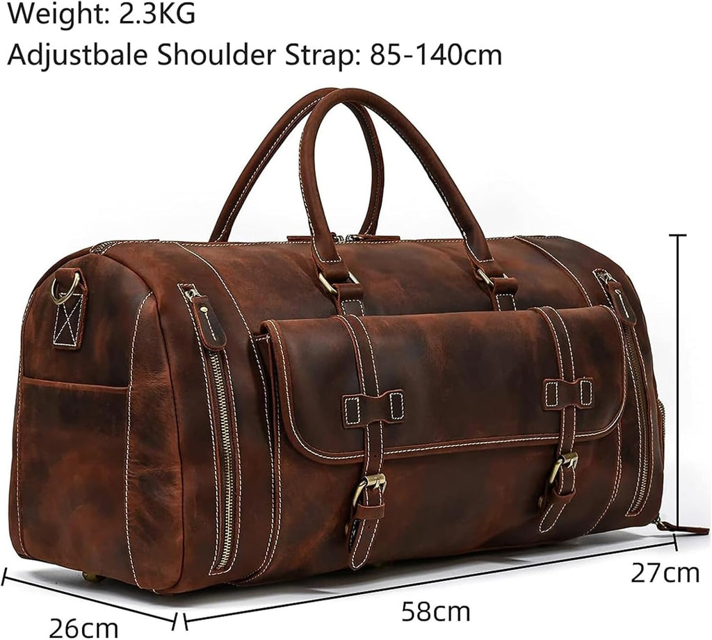 LUUFAN Full-grain Genuine Leather Travel Bag Large Capacity Duffel Luggage Bag with Shoe Compartment, Men Women Shoulder Bag for Weekend Holiday Business Trip, 58cm