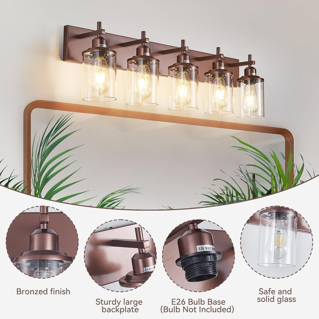 Lanhall 5-Light Bronze Bathroom Light Fixtures Over Mirror,Modern Bathroom Vanity Light with Clear Glass Shade, Wall Sconce for Bathroom Hallway Cabinet Bedroom Kitchen Living Room Foyer E26 Base